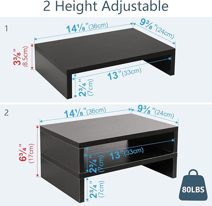 TEAMIX Wood Monitor Stand Riser-2 Pack, 2 Tier Adjustable Monitor Stand Dual Monitor Riser for 2 Monitors/Laptop/PC Black Computer Stand for Desk