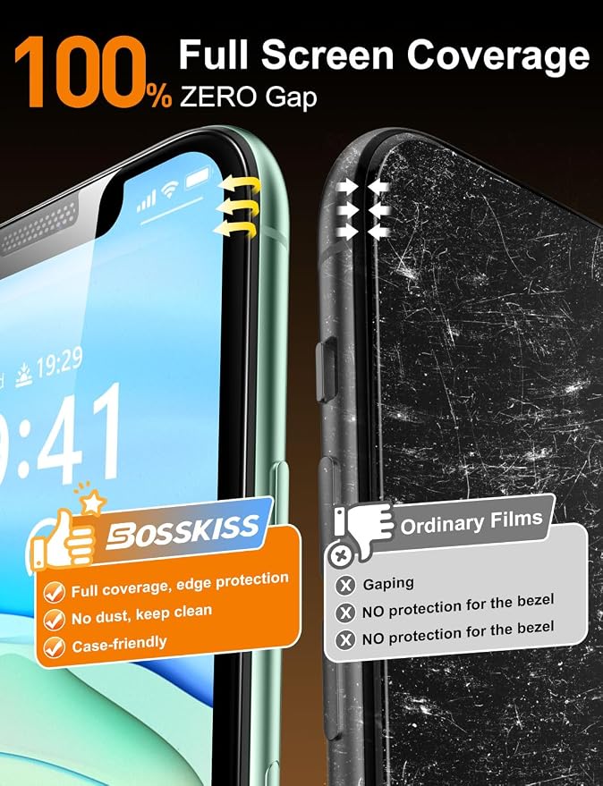 BossKiss for iPhone 11/iPhone XR Screen Protector TOP 9H Hardness Military Grade Shatterproof HD Tempered Glass Full Coverage Anti-Scratch Easy Installation Case Friendly 2 Pack