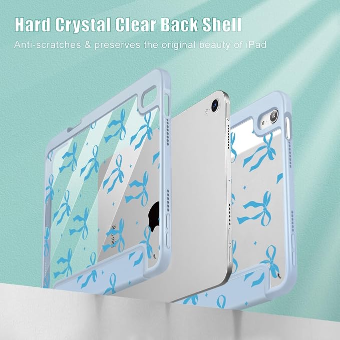 Case for iPad mini (A17 Pro 7th Generation) 2024/iPad Mini (6th Gen) 8.3 Inch with [Built-in Pencil Holder] Shockproof Cover with Clear Transparent Back Shell &amp Auto Wake/Sleep - Blue Bows