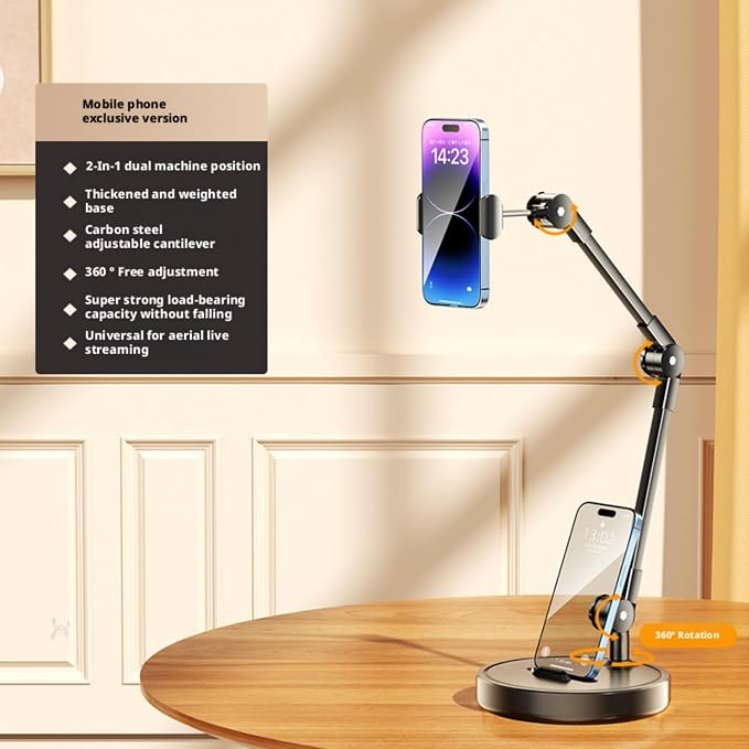 Dual Phone Stand for Desk 2-in-1 Holder with 762g Weighted Base 360° Adjustable Arm for Live Streaming &amp Learning