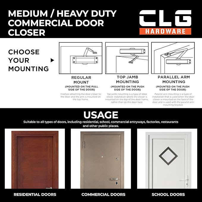 CLG HARDWARE Medium/Heavy Duty Commercial Door Closer DC7016 - Surface Mounted, Grade 1- ADA & UL 3 Hour Fire Rated, Adjustable Size 1-6 for Entrances & Aluminum Storefronts - US26D Aluminum