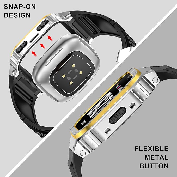 MioHHR Stainless Steel Case and Band Compatible with Fitbit Versa 4/3/2/Lite/Sense/Sense 2 Bands with Metal Case, Rugged Sports Protector Cover Silicone Wristbands for Men, Silver/Gold