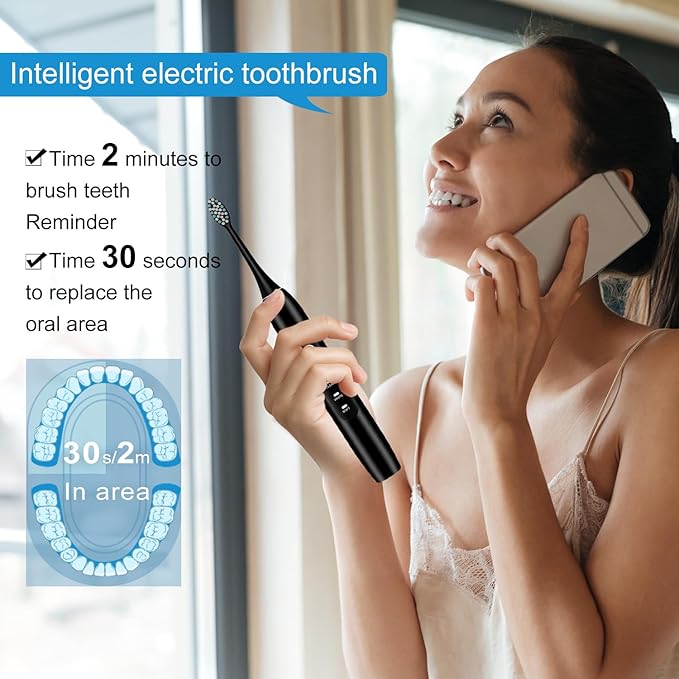 kingheroes Electric Toothbrush Set, Comes with 8 Brush Heads & Travel Case,4 Modes with 2 Minutes Built in Smart Timer, One Charge for 60 Days, 42000 VPM Motor (Black)