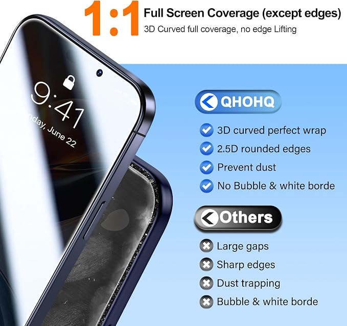 [1-Second Auto-Install] QHOHQ 3 Pack Privacy Screen Protector for iPhone 17 Pro [6.3 Inch] + 1 Set Camera Lens Protector 25° Anti Spy Tempered Glass [12FT Military Grade Shatterproof] Case Friendly