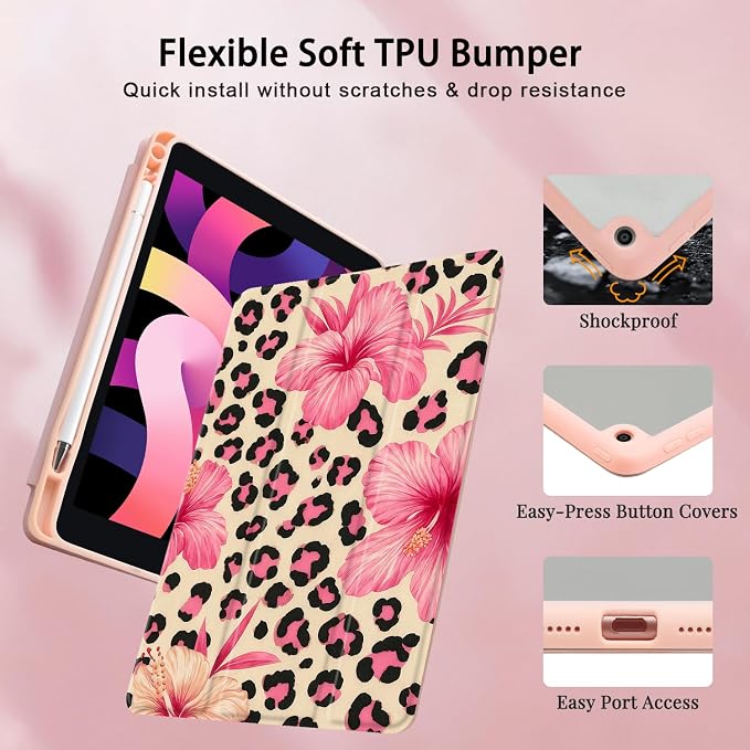 Joyland Brown Leopard Floral for iPad 6th/5th Generation 9.7 Inch 2018/2017Air 2/Air 1 CaseBuilt-in Pencil Holder with Shockproof Cover Transparent Back Shell Auto Wake/SleepBlack