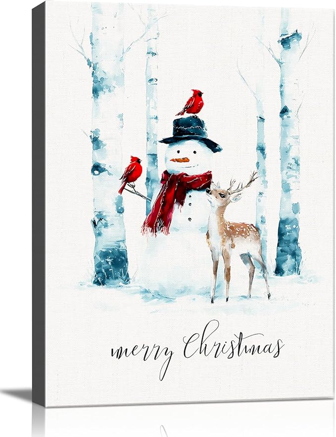 Christmas Snowman Canvas Wall Art - Rustic Winter Scene Framed Print for Farmhouse Living Room, Cozy Christmas Wall Decor, Ideal Christmas Gifts & Festive Decorations