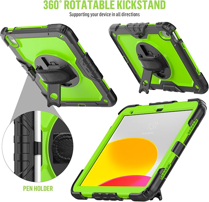 BLOSOMEET Case for iPad A16 11th/10th Generation 11''/10.9'' 2025/2022 with Tempered Glass Screen Protector & Pencil Holder, Rugged Military Grade Cover w/Stand Hand Shoulder Strap, Green