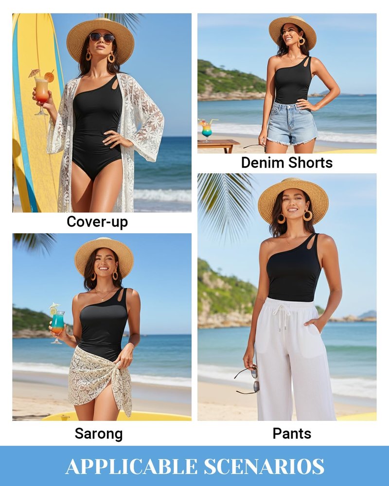 Holipick One Shoulder One Piece Swimsuit for Women Tummy Control Bathing Suits Modest Full Coverage Keyhole Swimwear Black