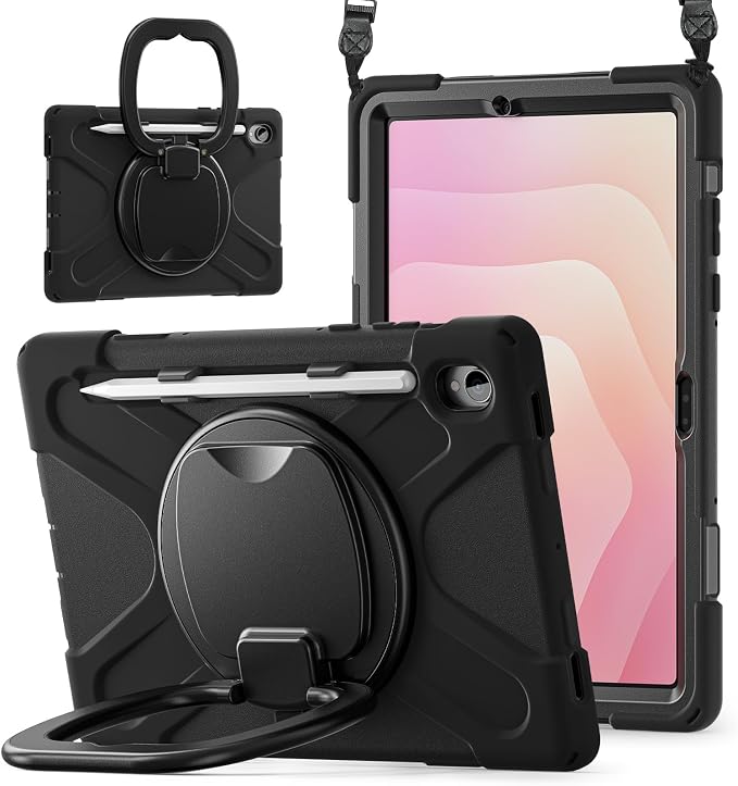 Batianda Heavy Duty Case for Samsung Galaxy Tab S11 2025 11 Inch with 360° Rotating Ring Stand &amp Shoulder Strap Built-in S Pen Holder Shockproof Rugged Multi-Layer Protective Cover Black