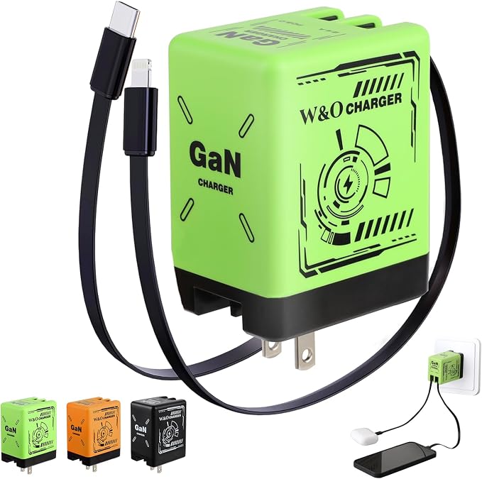 2-in-1 GaN Charger Fast Charging with Lightning and Type-C Cables Black | Retractable Phone Chargers Foldable fast charger Compatible with iPhone&ampMost Android