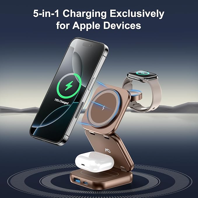 5-in-1 Wireless Charger for MagSafe, AC ISLAND Portable Travel Charging Station, 15W Max Fast Foldable Magnetic Stand, Evolved for iPhone 16/15/14/13 Series, Apple Watch, AirPods (with 35W Adapter)