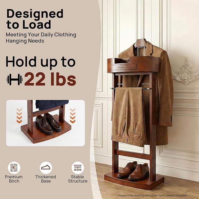 Wood Suit Rack, Vintage Birch Freestanding Clothing Valet Stand, Practical Valet Stand with Drawer and Trouser Holder, Wooden Contoured Coat Rack for Suits, Pants, Ties (Brown)