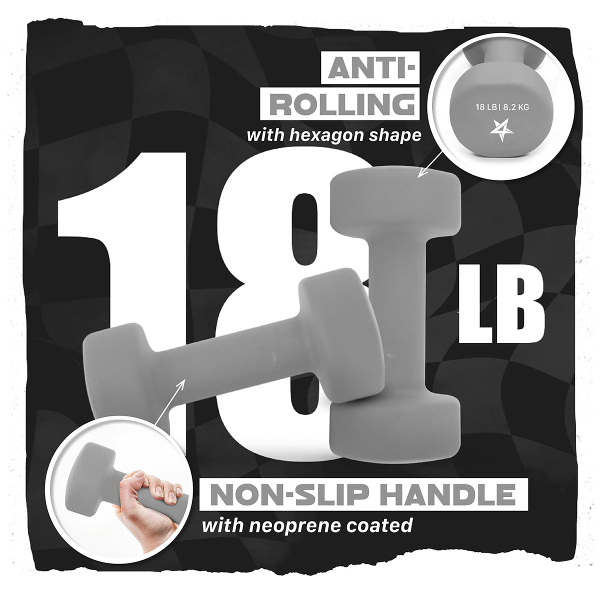 Yes4All Neoprene Coated Dumbbell Hand Weight Sets of 2 - Multiple Weight Options with 15 Colors, Anti-roll, Anti-Slip, Hexagon Shape, Grey, 18 lb Pair
