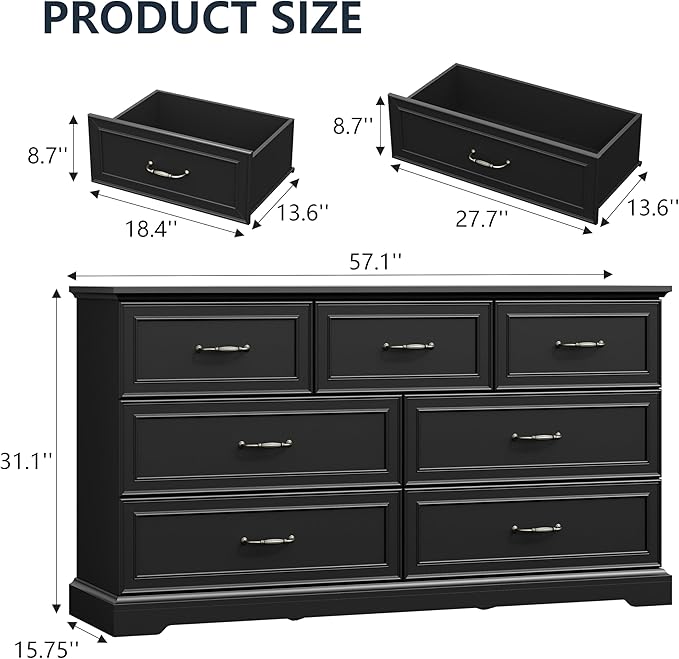7 Drawer Dresser for Bedroom, 57" Wide Wooden Chest of Drawers, Rustic Farmhouse Dresser with Large Drawers & Metal Handles, Modern Storage Organizer for Closet, Living Room, Hallway, Black