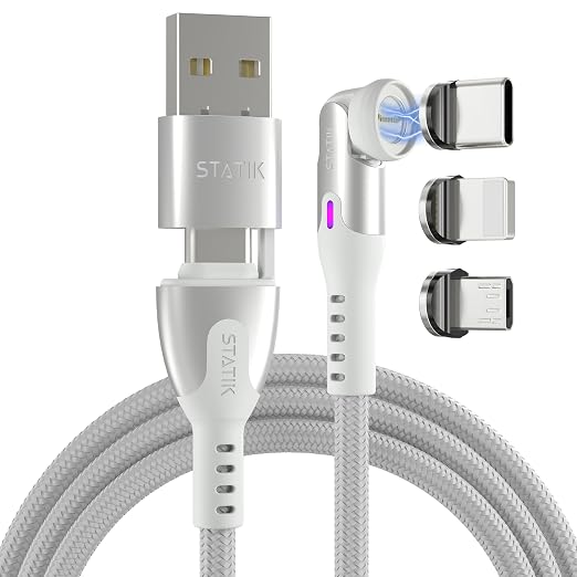 Statik 360 Pro Magnetic Charging Cable - Type C Charger Fast Charging 3 in 1 USB C to USB C Cable Micro USB &amp iProduct Tips USB A Adapter Fits All Devices - 100W Fast Charger Black 10FT/3M