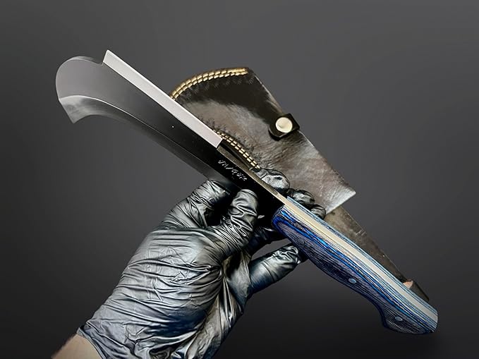 Hand Forged Carbon Steel Machete Billhook Sickle Knife | Yard Work | Tree Cutting | Brush Clearing Garden Tool | Leather Cover with Belt Loop (BHC3)