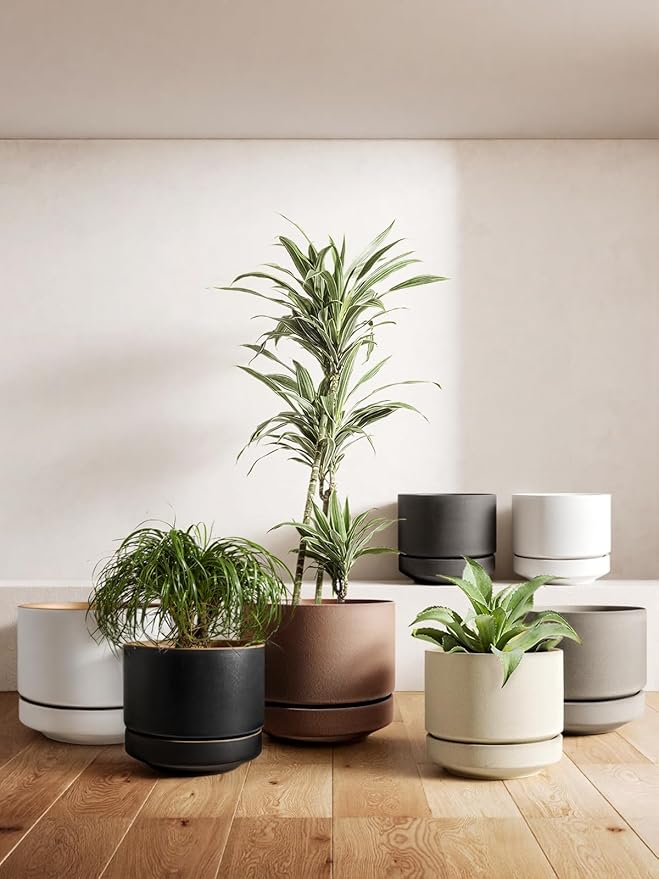 LE TAUCI 12 Inch Pots for Plants with Saucer | Ceramic Outdoor & Indoor Planter Pot for Plants | Drainage Hole, Mesh Pad & Plug | Unglazed Porous | Modern for Home, Office and Patio – Chalk White