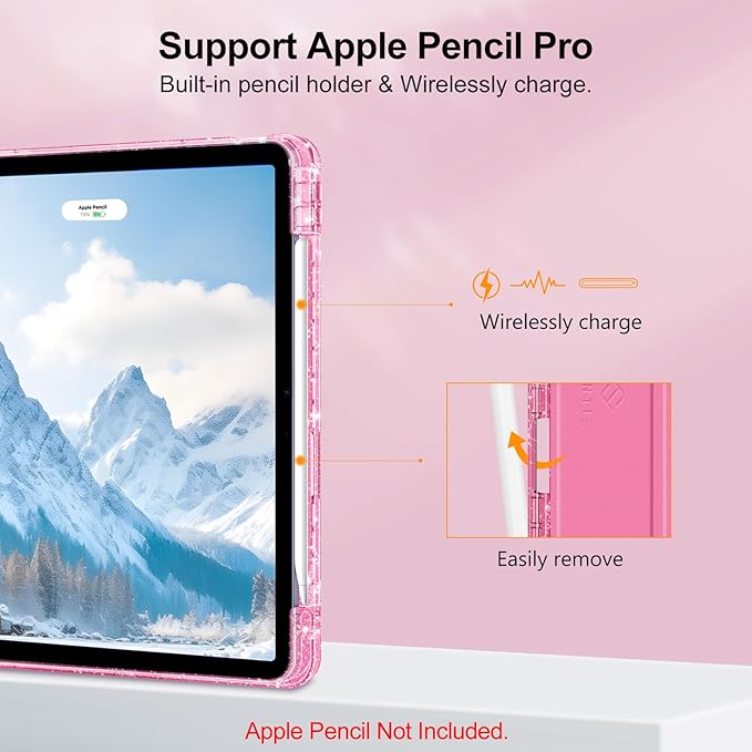 Fintie Slim Case with Pencil Holder for iPad Air 11-inch M4/M3/M2 (2026/2025/2024), iPad Air 5th (2022) / 4th Generation 10.9 Inch - Glittering Sparkly Cover with Shiny Clear Back Shell, Pink