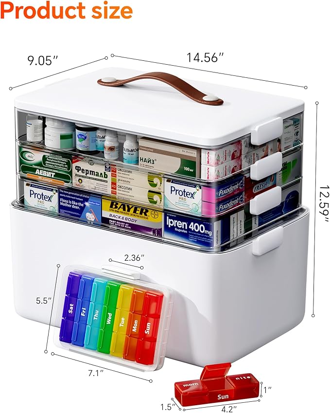 4-Tier Medicine Cabinet Organizer with Leather Handle, Empty Plastic First Aid Kit, Multipurpose Storage Box with A Portable Weekly Pill Organizer for Family Emergencies, Home