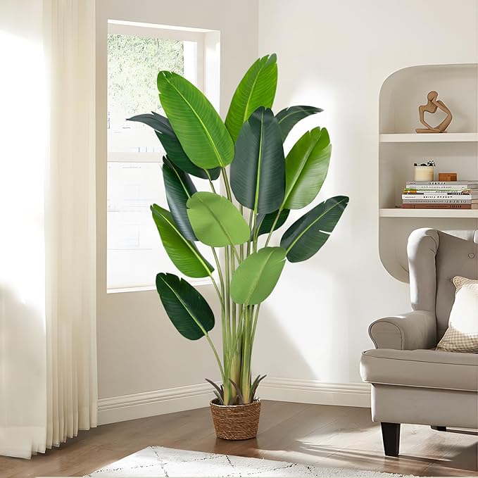 Artificial Bird of Paradise Plant 6Ft Fake Tropical Palm Tree with 13Trunks Faux Banana Leaf Trees in Pot for Home Indoor Outdoor Office Modern Decor Housewarming Gift（2Pcs）