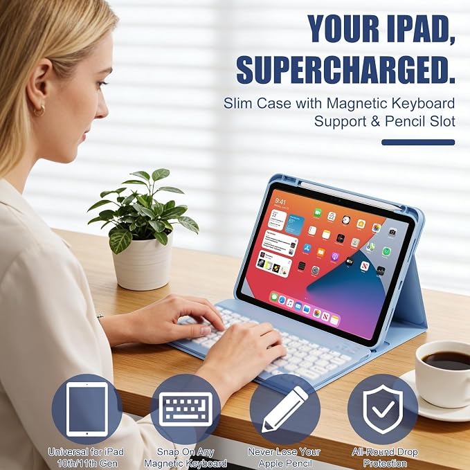 Case for iPad (A16) 11th Generation 11 Inch 2025/iPad 10th Generation 10.9 Inch 2022｜Built-in Pencil Slot · Slim Trifold Stand · Full Protection｜Sky Blue