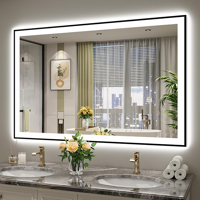 YEELAIT 55x36 Inch LED Bathroom Mirror with Lights (Front Lit and Backlit) Black Framed Lighted Vanity Mirror for Bathroom Wall Dimmable Anti-Fog Memory Tempered Glass Horizontal/Vertical