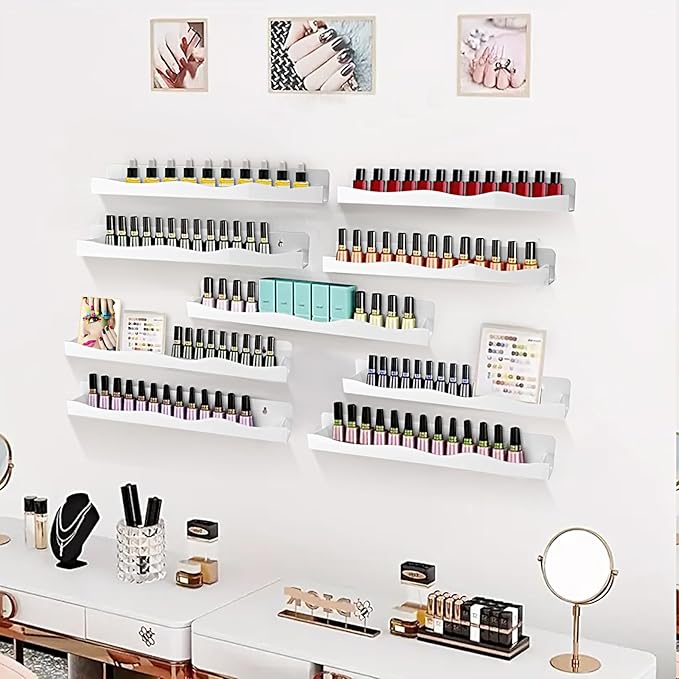 6 Pack Wall Mounted Acrylic Nail Polish Organizer Rack 15 Inch White Nail Polish Shelf with Removable Ends Multi-Purpose Shelf for Essential Oils Cosmetics Storage Display for Salon Bathroom