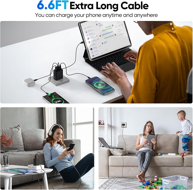2 Pack USB C Charger Block 60W 4-Port GaN5 Super Fast Phone Charger Type C Charging Block PD 20W &amp QC 20W with 6.6FT USB C Cables for iPhone 17 Air/17/16/15 Pro Max Samsung Galaxy S24