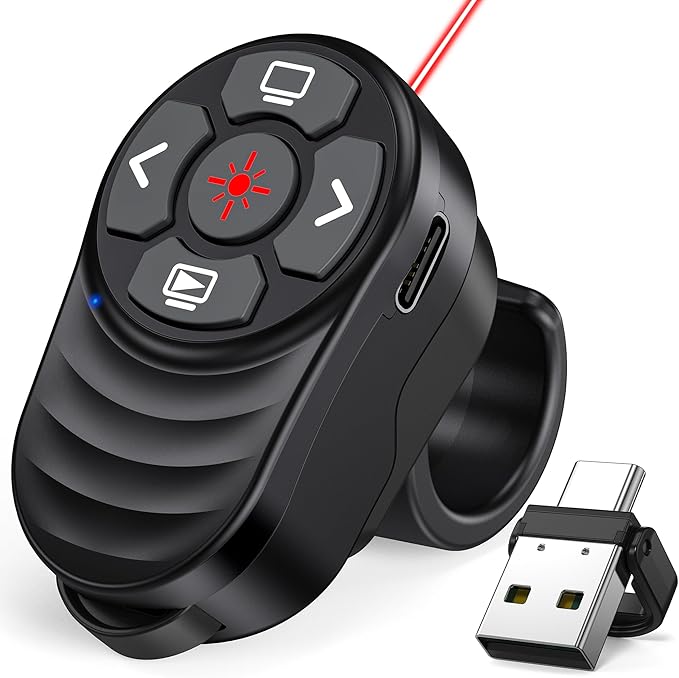 2 in 1 Presentation Clicker with Laser Pointer Finger Ring Clicker Rechargeable Presentation Clicker Long Distance PPT Clicker Remote Wireless Clicker Laser Pointer for Classroom Teacher Projector