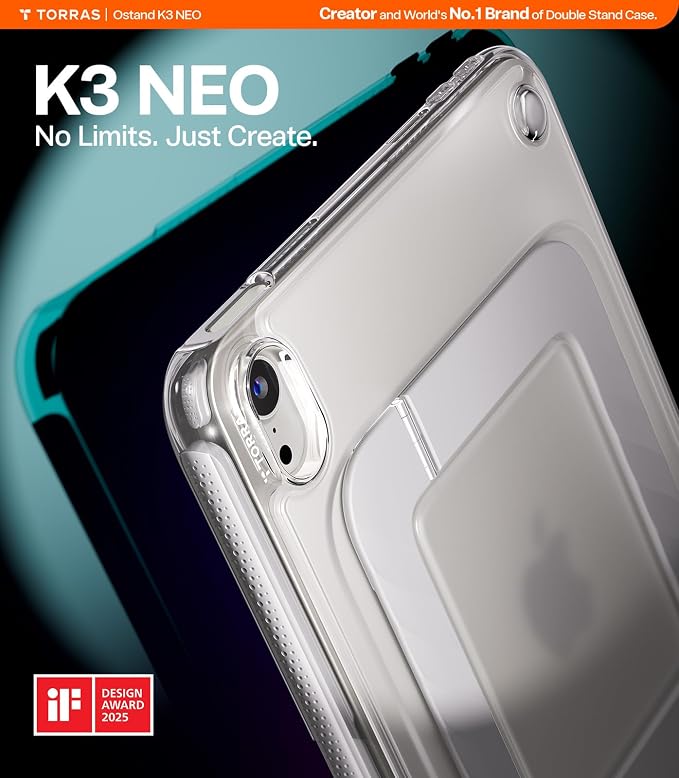 TORRAS Ostand K3 Neo for iPad Air 11 Inch Case (M4 2026 M3 2025 M2 2024) Viewing Angles AdjustableUltra Stable Stand Shockproof Protective Slim Kickstand Case with Pencil Holder Glacier Sprint