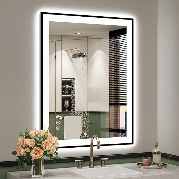 YEELAIT 28x36 Inch LED Bathroom Mirror with Lights (Front Lit and Backlit) Black Framed Lighted Vanity Mirror for Bathroom Wall Dimmable Anti-Fog Memory Tempered Glass Horizontal/Vertical