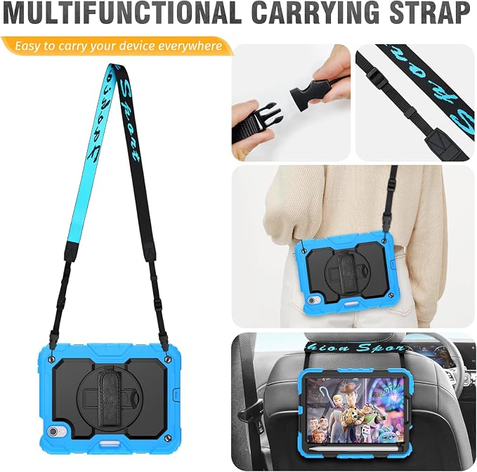 HXCASEAC Case for iPad mini 7 (A17 Pro) / iPad mini 6 Case 8.3 inch Full Body Protective with Carrying Strap Hand Strap Protector Pencil Holder 360 Rotating Stand A2995 A2993 A2567 A2568 Black
