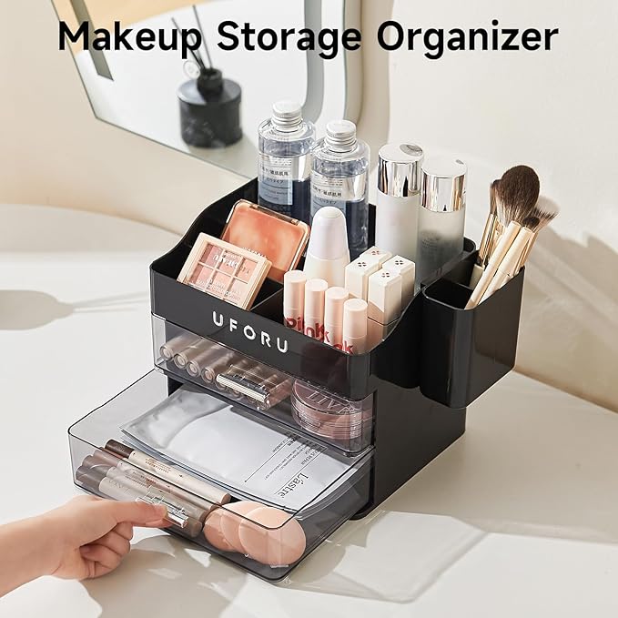 Makeup Organizer for Vanity with Brush Holder, Countertop Organizer with 2 Drawers, Spacious Cosmetic Display Case for Beauty Essential, Skincare, Lipstick