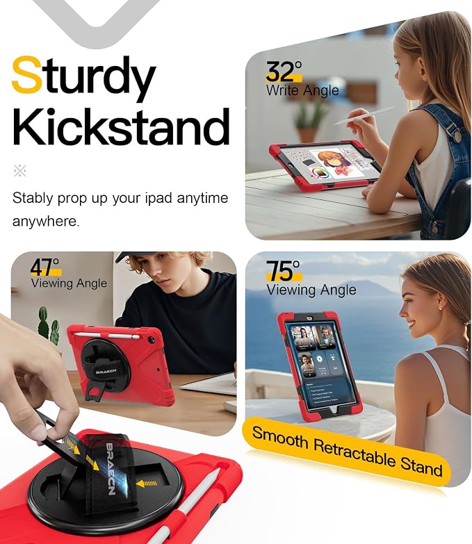 BRAECN Case for iPad 6th/5th Generation - 9.7 inch 2018/2017 Black | Protective Heavy Duty Shockproof Rugged Cover for Kids/Adults 360° Rotating Hand Strap/Stand &amp Detachable Shoulder Strap