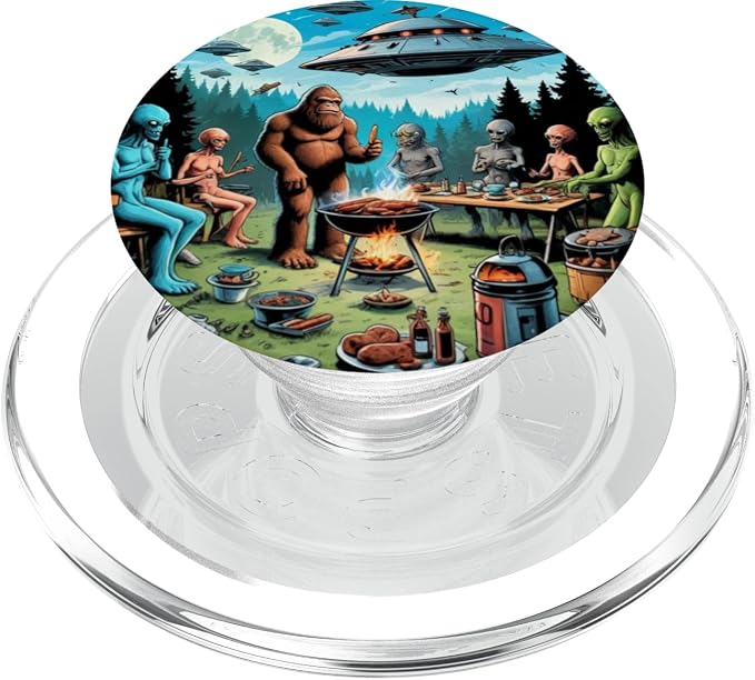 Alien and Bigfoot BBQ UFO Illustration Print PopSockets PopWallet for MagSafe