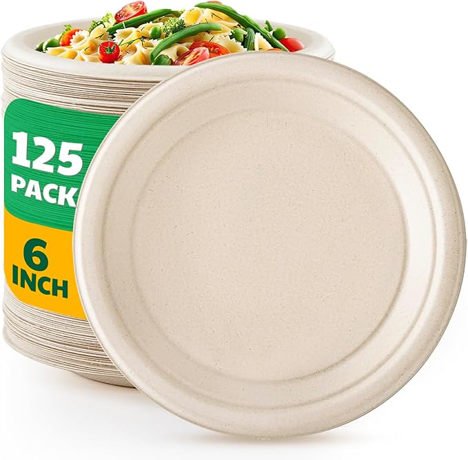 Joyborn Heavy Duty Compostable Paper Plates 9 Inch, Natural, 125 Pack