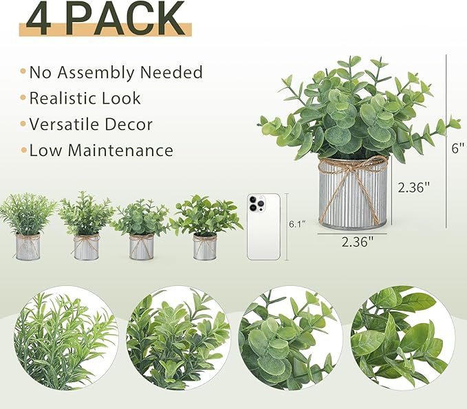 Mkono 4 Packs Small Fake Plants in Farmhouse Galvanized Pots Table Centerpiece Mini Potted Artificial Plants Faux Eucalyptus for Shelf Office Rustic Home Decor