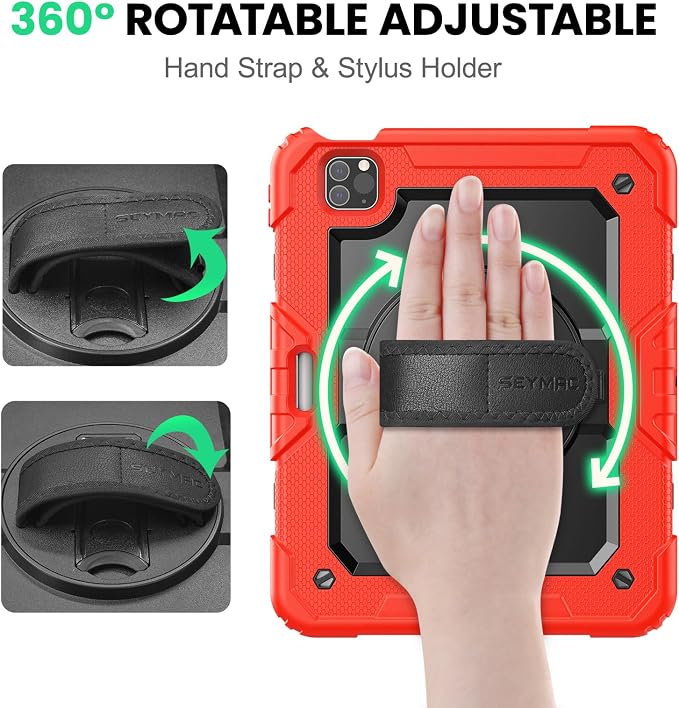 SEYMAC Case for iPad Pro 11 4th/3rd/2nd/1st Gen 2022-2018 Black | Full-Body Shockproof Protective Built-in Screen Protector 360° Rotating Stand Hand/Shoulder Strap Pencil holder