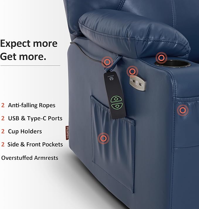 MCombo Oversized Power Lift Recliner Chair for Elderly, Lift Chair with Heat and Massage for Big and Tall, USB&Type C Ports, Cup Holders, Faux Leather R7510 (Blue, Large-Wide)