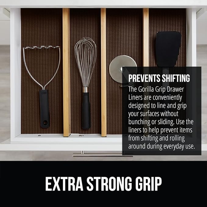 GORILLA GRIP powerGRIP Drawer Shelf and Cabinet Liner, Thick Strong Hold, Non-Adhesive Liners Protect Kitchen Cabinets and Cupboard, Bathroom Drawers, Easy Install, Breathable Mat, 20" x20', Chocolate