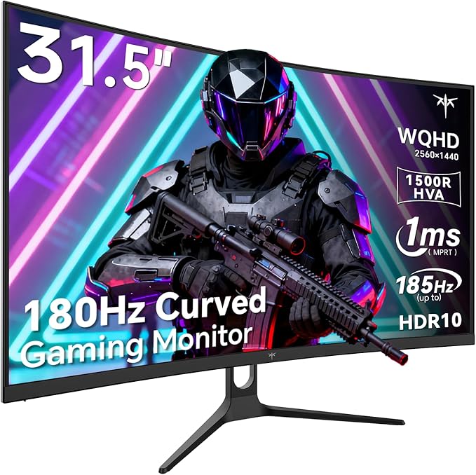 KTC 32 Inch Curved Gaming Monitor, 2K 180Hz Computer Monitor, Up to 185Hz, QHD 1500R PC Monitor 1ms with Adaptive Sync, DisplayPort/HDMI/USB, VESA Wall Mount, Tilt Adjustable, H32S5