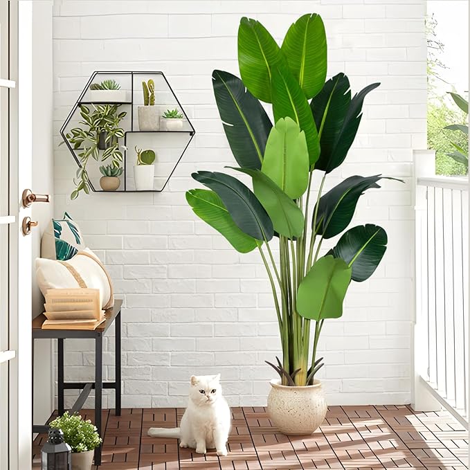 Artificial Bird of Paradise Plant 7Ft Fake Tropical Palm Tree with 17Trunks Faux Banana Leaf Trees in Pot for Home Indoor Outdoor Office Modern Decor Housewarming