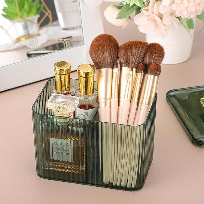 Tbestmax Qtip Holder Dispenser 3-Section Clear Cotton Swab/Pad/Ball Holder Container 3 Grids Bathroom Organizer Jar Cosmetics Storage for Vanity(Green)