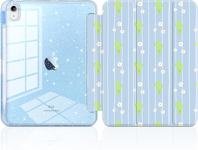 MEEgoodo Case for iPad A16 11th Generation 2025/10th Generation 2022 Glitter Tablet Cases with Transparent Acrylic Back+Trifold Stand +Pencil Holder+Auto Wake/SleepAbstract Sun &amp Palm Tree