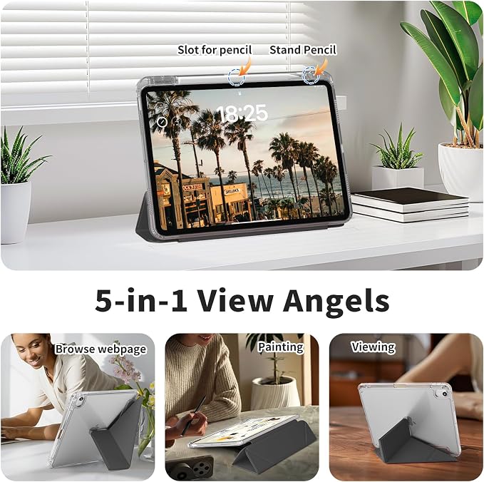 Clear Case for New iPad Pro 11 Inch Case M5/M4 2025/2024 (6th/5th Generation) Slim Shockproof TPU Cover with Pencil Holder Multi-Angle Stand &amp Auto Wake/Sleep (Black)