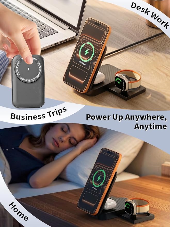 3 in 1 Wireless Charger Stand 25W Foldable Wireless Charging Station for Apple Multiple Devices Fast Magnetic Charger with 6FT USB C Cable for iPhone 17 16 15 14 13 12 Series/Apple Watch/AirPods Pro