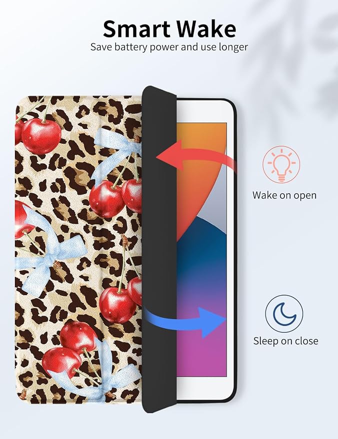 Case for iPad 9th/ 8th/ 7th Generation Case 10.2&amp10.5 Inch (2021/2020/2019 Release) Slim Lightweight Soft Trifold Back Cover with Pencil Holder &amp Auto Sleep/Wake Cover Cherries Cheetah Bows