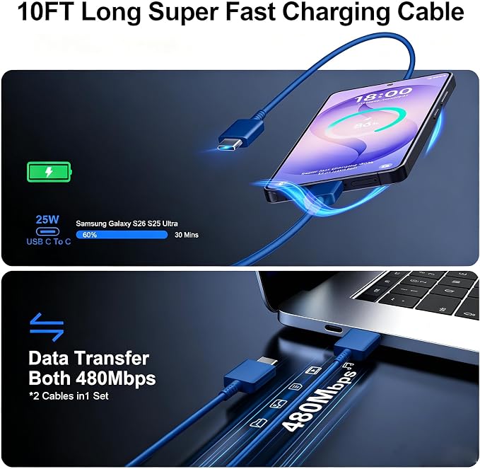 Super Fast Charger Type C 25W USB C Wall Charger Fast Charging for Samsung Galaxy S26 Ultra/S26/S26+/S25 Ultra/S25/24 Ultra/S24/S23 Ultra/S22 Ultra with 10FT Long Android Type C Charger Cable 2Pack