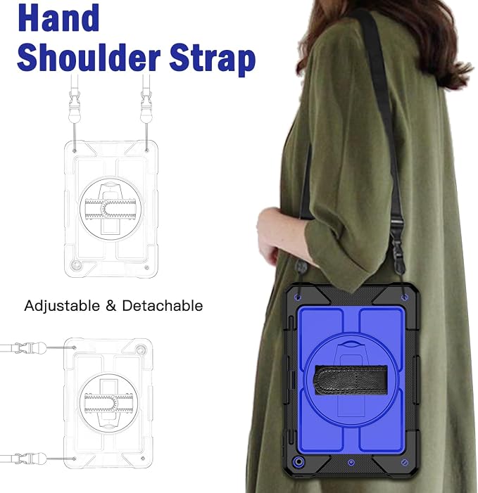 BMOUO for iPad 9th/8th/7th Generation Case 10.2 Black | Shockproof Rotating Stand Shoulder Hand Strap iPad 9th/8th/7th Generation Case with Pen Holder for iPad 10.2“ 2021/2020/2019