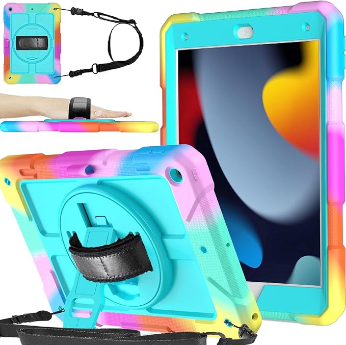 BMOUO for iPad 9th/8th/7th Generation Case 10.2 Black | Shockproof Rotating Stand Shoulder Hand Strap iPad 9th/8th/7th Generation Case with Pen Holder for iPad 10.2“ 2021/2020/2019